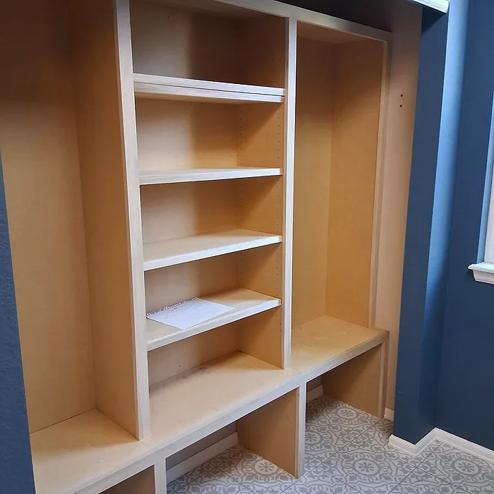 Built-in bookshelves and entertainment center against a blue wall