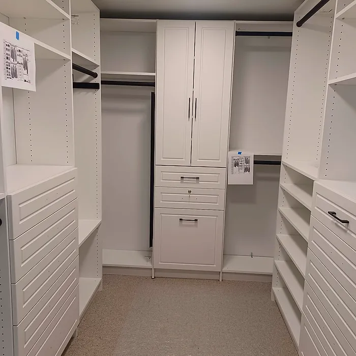 Walk-in closet system with drawers and shelving